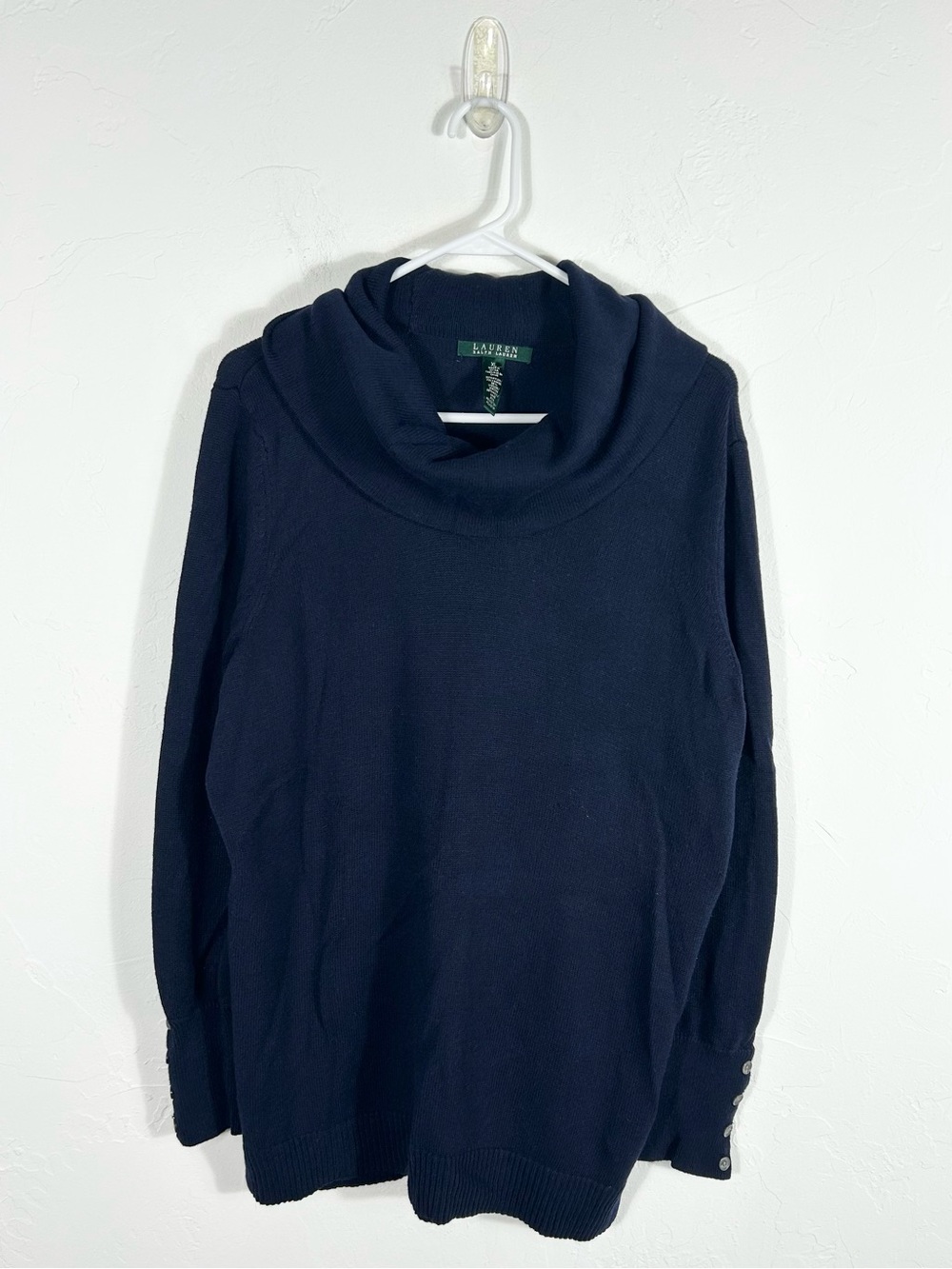 Lauren Ralph Lauren Navy Cowl Neck Sweater Size XL Button Cuff Wool Blend